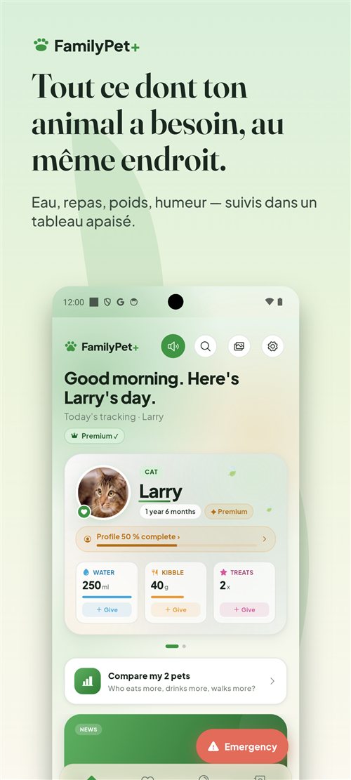 Écran d’accueil de FamilyPet+ : suivi du jour, eau, repas, poids